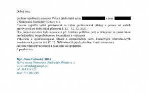Poděkování z nemocnice Jindřichův Hradec