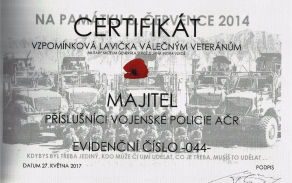 vzpomínková lavička válečným veteránům - certifikát